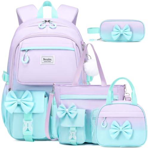 Bevalsa Girls Backpack Set with Lunch Bag, Pencil Case & Bow Tote Bag