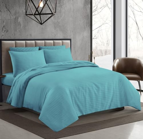 Luxury 100% Egyptian Cotton Sateen Stripe Fitted Sheet – 250 Thread Count, 12" Deep Pocket, Hotel-Quality Soft Bedding for Single, Double, King & Super King Beds (Aqua, Single)