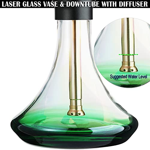 Hookah Set with Silicone Hose Bowl Tongs Mouth Tips Everything Accessories, 19" Small Portable Shisha Hookahs Complete Set Aluminum Hooka Chameleon Glass Vase Gold Green - Image 6