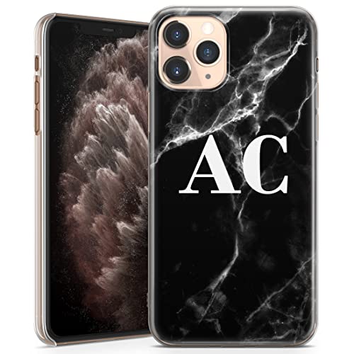 TULLUN - Custodia personalizzata per iPhone X/XS – Cover in plastica rigida trasparente con iniziali personalizzate, colore: Nero marmo bianco