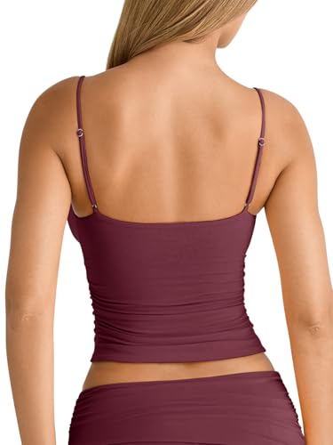 Image of PINKMSTYLE Women's Sexy V Neck Ruched Cami Top Sleeveless Spaghetti Double Layer Fitted Crop Tank Tops