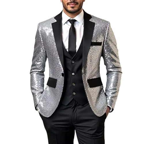 Mens Sequins Blazer Formal Business Host Stylish Suit Jacket for Wedding Party Dinner Fashion One Button Sport Coat Silver
