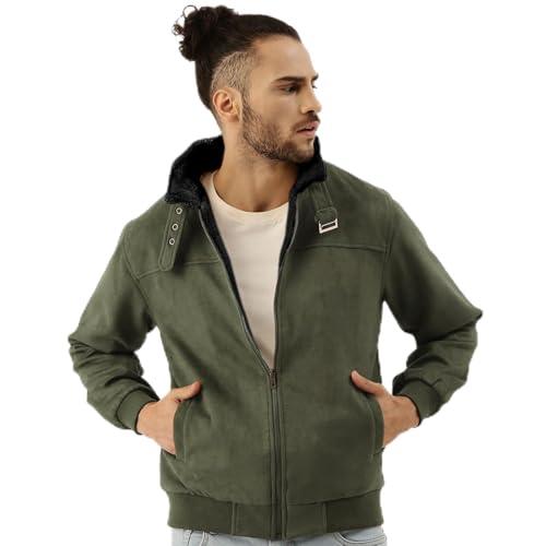 Image of CAHOOT Men's Front Zipper Jacket with Fleece for Casual Wear | Long Sleeve | High Neck | Zipper Closure | Suede Jacket Crafted with Comfort Fit for Everyday Wear