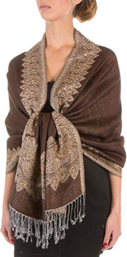Dark Chocolate Elegant Reversible Paisley Border Pattern Pashmina Shawl Wrap Scarf Double Layer #WSAS