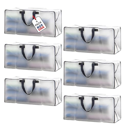 Image of BOX USA 6-Pack Moving Bags with Strong Handles & Zippers - Heavy Duty Extra Large Packing Bags for Storage, Moving Boxes, Dorm & College Supplies, Clear