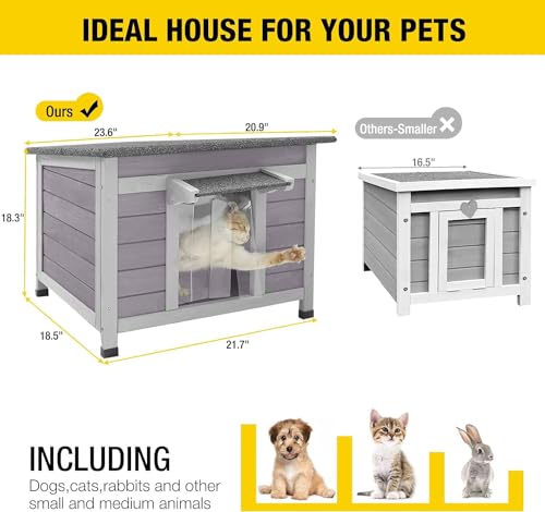 Aivituvin Outdoor Katzenhaus aus Holz Isoliert Feral Katzenhaus Wetterfest für Winter Doppelzimmer Indoor (Grau, M) (Grau, M-1)