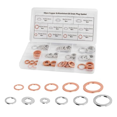 88PCS Aluminum/Copper Oil Plug Crush Washer Kit,11 Sizes of Car Oil Drain Plug Gasket Kit for Sealing,M10 M12 M14 M16 M18 Cars Oils Plugs Gasket Car Accessories