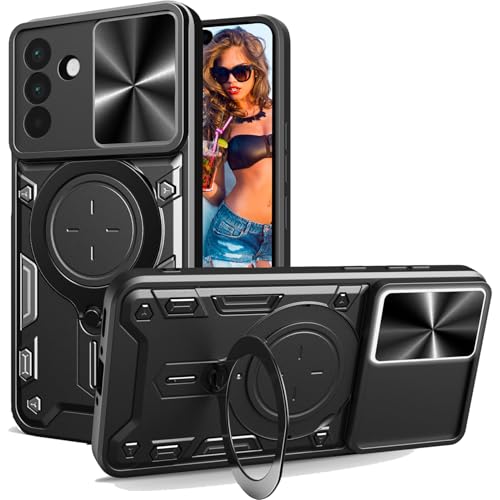 Ephoou for Samsung Galaxy S25 FE Case with Ring Kickstand, Built-in Slide Camera Lens - Magnetic Heavy Duty Military Grade Shockproof Cover for Galaxy S25 FE JS-Black