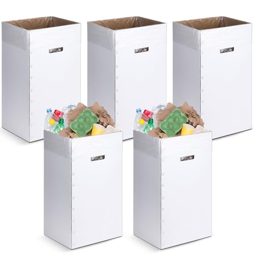 Tioncy 5 Pcs Cardboard Trash Cans Disposable and Reusable Corrugated Cardboard Trash Cans Recycling Bins Bulk with 10 Garbage Bags White Garbage Boxes for Parties Events