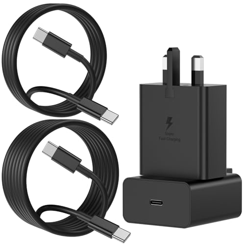 45W Samsung Fast Charger USB C Plug with USB C Cable 1M+2M Long Type C Super Fast Phone Charging Android Adaptor UK for Galaxy S26 Ultra/S25/S24/S23/S22/iPhone 17/17 Air/17 Pro/Max/16/15 Black 2-Pack
