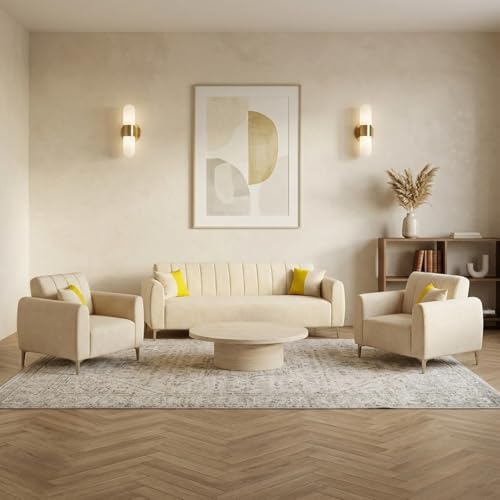Image of Habibi Rich Velvet Suede 3+1+1 Seater Sofa Set | Spacious Soft Touch Comfort Seating | 5 Person Seating | Modern Living Room Sofa Set (Cream)