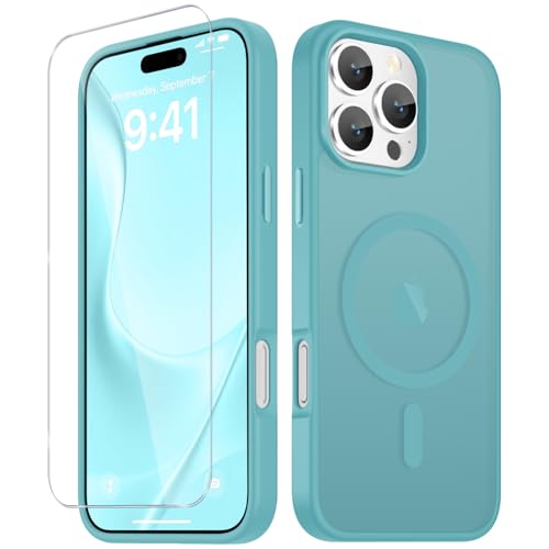 Image of YENAPOON for iPhone 16 Pro Max Case, Matte Magnetic Phone Cover [with 1 Screen Protector] [Support for MagSafe] [Shockproof Military Grade Protection] Translucent Frosted Back, Light Blue
