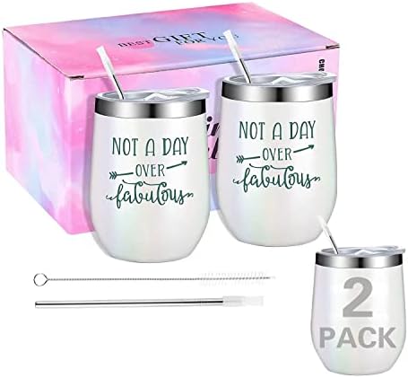QIUB Wine Tumbler Cups Gifts for Women 12 oz mug With Lids Tumblers Water Glasses Coffee Cocktails Champaign Champagne Stainless Steel Stemless insulated White-2Pack 4 Piece Set