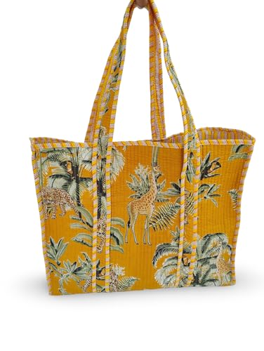 Image of Cotton Tiger Block Print Tote Bag, Indian Handmade Shopping Shoulder Bag, Unisex Market Daily Use