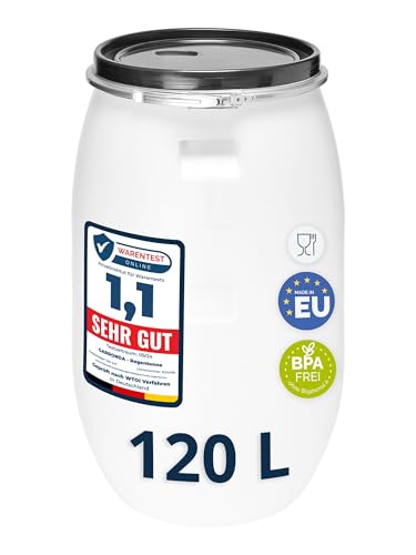 Garronda réservoir d'eau de 120 litres, Baril Alimentaire, fût à Large Ouverture en HDPE et sans BPA, tonneau de Jardin, bac à Aliments pour Animaux,...