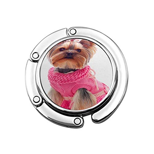 Preisvergleich Produktbild Faltbarer Handtaschen-Aufhänger Geldbörsenhaken, Hundeporträt des niedlichen Yorkshire-Terriers im rosa Kleid-Bogen-Welpen-Haustier