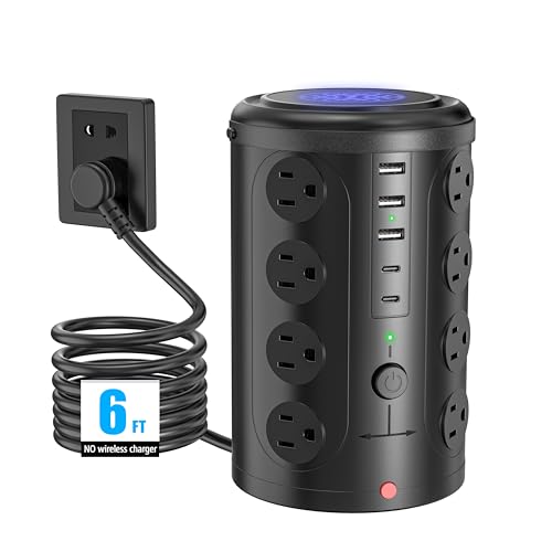 Tower Power Strip Surge Protector with 16 Outlets and 5 USB Ports (2 USB-C), 6FT Extension Cord with Multiple Outlets,Heavy Duty Charging Station,Home Office Dorm Room Essentials. No Wireless Charging