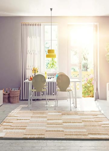 ATTICGO Alfombra de Pelo Largo Serene Terra - Rectangular - Fibra sintética - Alfombra para salón y Dormitorio, de Estilo Shaggy geométrico - Beige 8680-133x190 cm