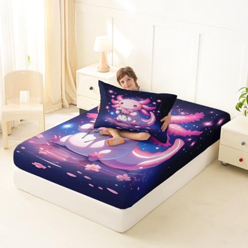 Image of jejeloiu Cute Axolotl Bed Sheets Set Twin Size Cartoon Pink Axolotl Bed Set Kawaii Salamander Sea Ocean Animal Deep Pocket Fitted Sheet Purple Dreamy Starry Breathable Soft Lightweight Microfiber
