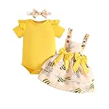 JENJON Baby Mädchen kleidung Neugeborene Set mit Herzchenmuster Kurzarm Rüschen top Verstellbarem Overall Rock und Stirnband Sommer Outfits Gelbe Biene 0-3 Monate