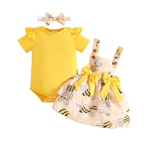 JENJON Conjunto Ropa Bebé Niña Manga Corta Con Volantes Con Estampado Corazones Top + Falda Vestido Con Tirantes 3 Piezas Trajes de Verano San Valentín Abeja amarilla 6 12 Meses