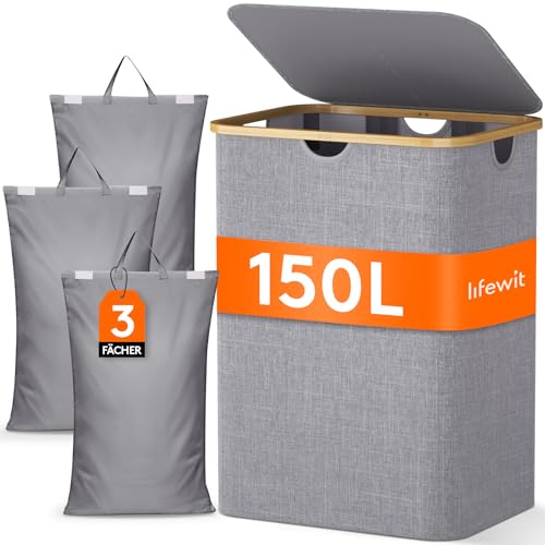 Lifewit 150L Wäschekorb mit Deckel, Wäschesammler 3 Fächer, Wäschebox Groß, Wäschesortierer, Wäschetonne, Wäsche Sortieren, Wäschebehälter, Laundry Baskets für Wäschekammer, Bad, Schlafzimmer, Grau