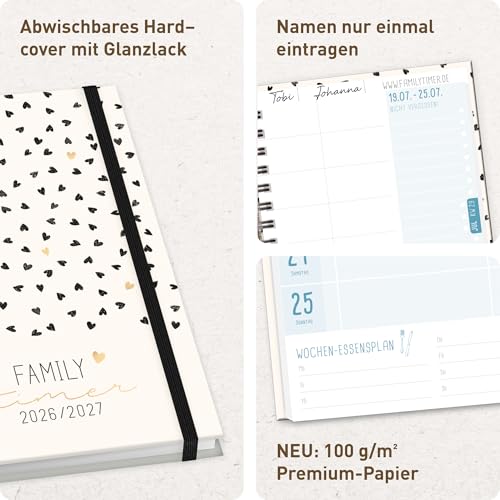 Häfft® Family-Timer 2026 2027 - Familienkalender A5 für 4 Personen - 17 Monate: Aug 26 bis Dez 27 - Hardcover, Ringbindung, 100g/m² Papier Golden Hearts