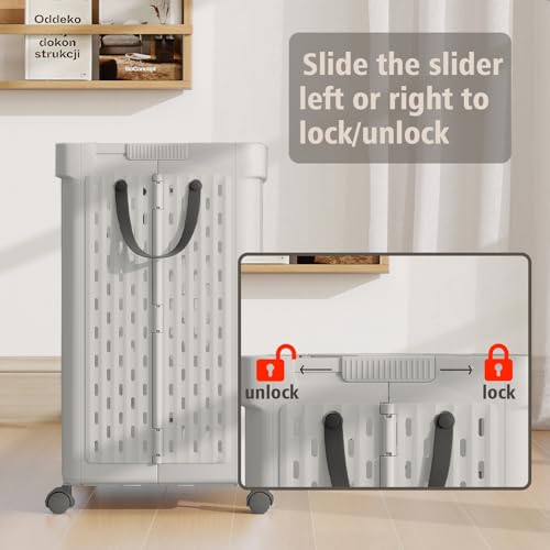 Image of UAK Plastic Laundry Basket with Wheels & Handle, 67L Heavy Duty Foldable Laundry Hamper - Easy Clean Waterproof Rolling Organizer for Bathroom & Laundry Room, Grey