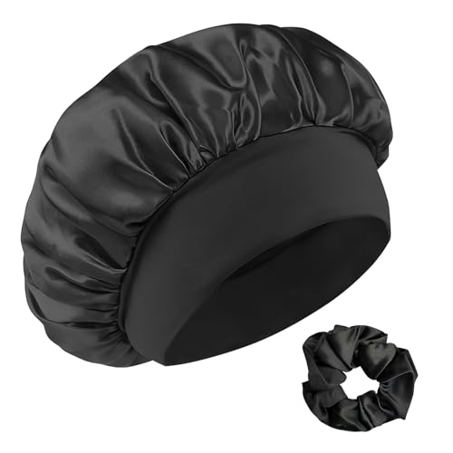 Admygo - Gorro de Raso para el Cabello, para Noche, con elásticos, Gorro de Raso para Dormir, protección para el Cabello, Suave Gorro de Seda para la Noche, Color Negro, Negro