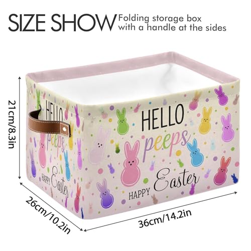 Image of Happy Easter Day Peep Bunny Storage Basket with Waterproof Liner and PU Handles Easter Eggs Leopard Cheetah Storage Bins Boxes 14.2 inch Collapsible Decorative Organizer Baskets for Bedroom Closet 2 Pack