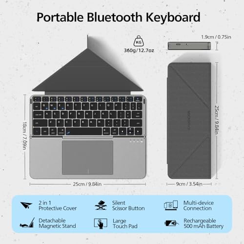 Image of Mircopack Foldable Bluetooth Keyboard with Touchpad and Stand for iPad /iPhone /MacBook,3-Device Ultra Slim PU Leather Magnetic Cover Portable Rechargeable Keyboard for macOS and iOS-Gray