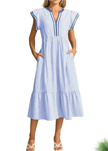 Vestido Midi a Rayas para Mujer con Escote en V y Mangas con Volantes — Estilo Fluido y Playero (Sky Blue,S)
