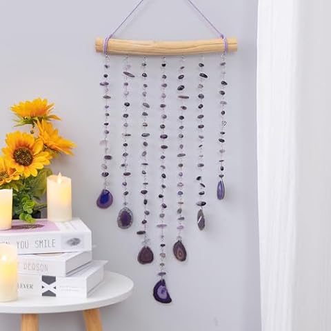 Crystal Gemstone and Agate Slices Decor Purple Wall Hanging Ornament for Home Decor Feng Shui Yoga Meditation Handmade Gift for Women (Purple) Cover