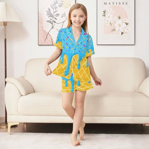 Satin Pajama Sets Short Sleeve Blue Ice Cream Drip Button Down Silky Nightwear 2 Piece PJS 5-14Y3