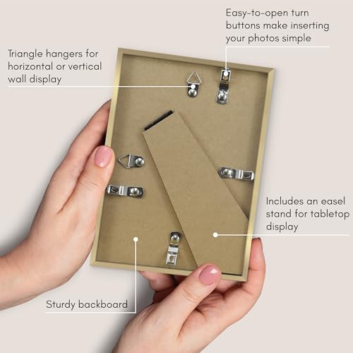 Image of Americanflat 5x7 Picture Frame with Shatter-Resistant Glass - Streamline Collection - Thin Border Photo Frame for Tabletop and Wall Display - Hanging Hardware and Easel Stand Included - Gold