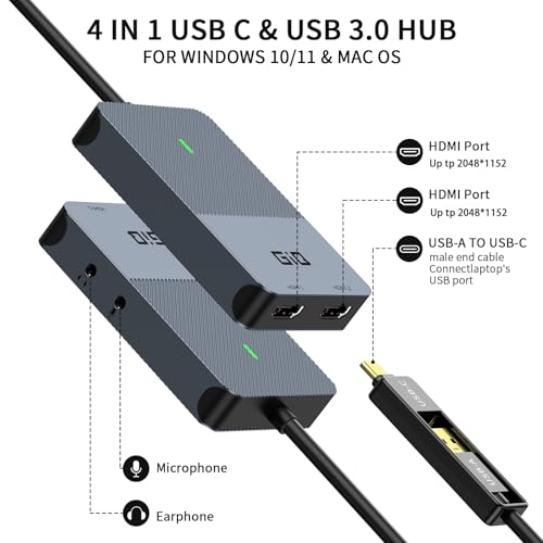 Image of Giq HDMI Splitter Extended Display for Dual Monitor, Dual 2K@60Hz Universal Video Graphics USB to Dual HDMI Adapter for USB 3.0 /USB-C Adapter, Compatible with USB4,Windows and Mac