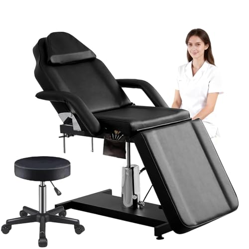 KernGut Hydraulisches Massagelieg 360Drehbare Tattooliege Kosmetikstuhl höhenverstellbare Kosmetikliege Zubehör Removable Armrests Headrest Hocker & Bettwäsche (Schwarz)
