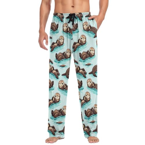 Men’s Cute Sea Otters Pajama Pants with Pockets, Comfortable Lounge Sleep Bottoms#3553