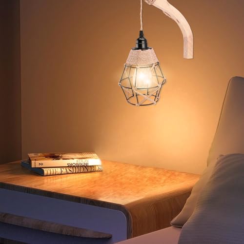 Image of Hanging Lights with Plug in Cord Set of Two, Farmhouse Hanging Lamps Hand Woven Rattan Wall Sconce with Wood Arm Hemp Rope Cord, Boho Wall Sconce for Bedroom Living Room (Plug-in Rocker arm)