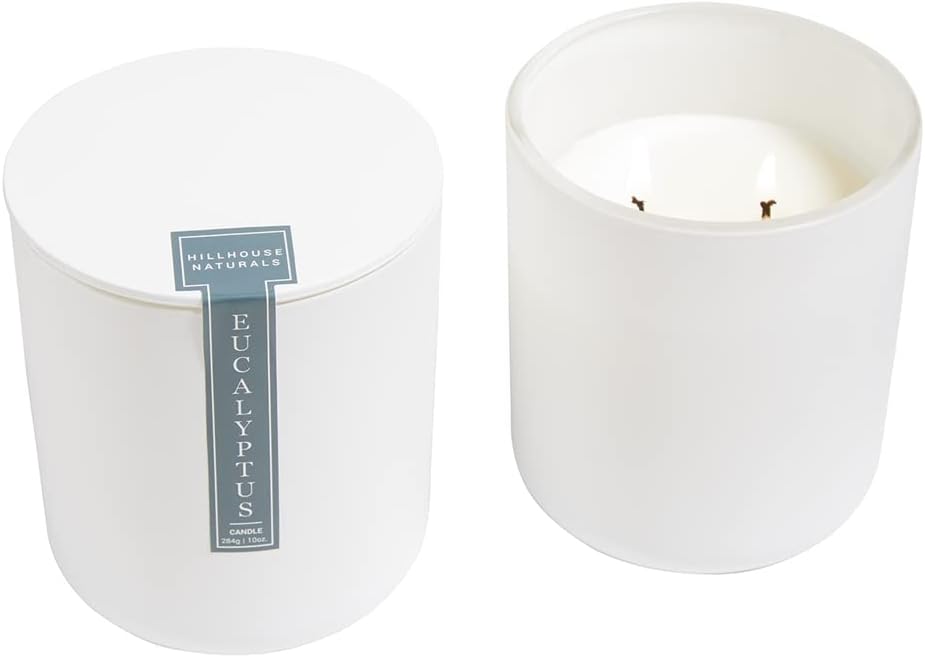Hillhouse Naturals Eucalyptus 2 Wick 10oz. Candle in White Glass W/Lid. with scents of Spearmint, Eucalyptus, Rosemary and Our Special Floral Blend. 100% Soy Wax Blend Made in The USA