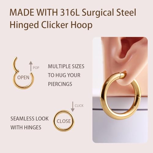 Image of FANSING Men Women 316L Surgical Steel Hinged Nose Rings Hoop for Nostril Septum Cartilage Helix Daith Tragus Rook Conch Lip Ear Lobe Piercings