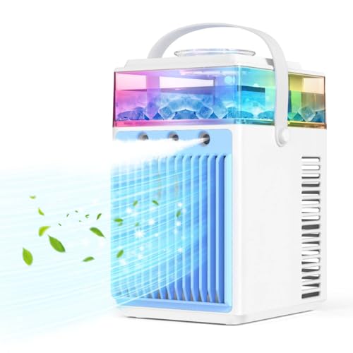 Mobile Klimaanlage, 5 in 1 Mini Klimagerät mit App-Steuerung, Persönlich Ventilator mit 800ml Wassetank, 3 Geschwindigkeiten, 3 Nebelmodi, Tragbarer Klimaanlage für Zimmer Büro