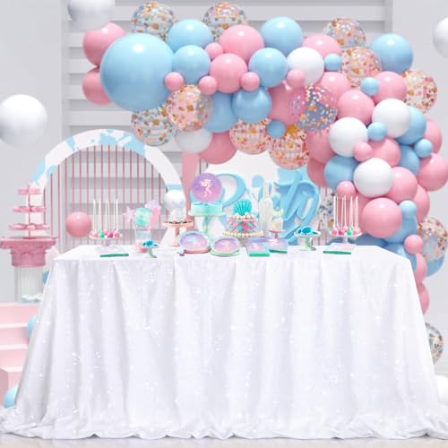 Image of B-COOL White Tablecloth Rectangle Sequin Table Overlays 90x156inch White Rectangular Table Drape for Parties Weddings Kitchen Glitz