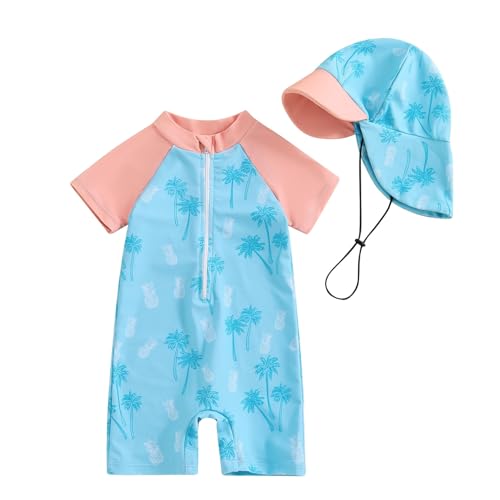 Bañador Bebe Niña Niño Protección UV Traje de Baño Bebé Niño UPF50+ con Gorro de Sol Bañadores Manga Corta Estampado con Cremallera Cómoda y Transpirable Verano Playa Vacaciones Piscina para 0-3 Años