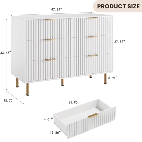 White 6 Drawer Dresser for Bedroom, Fluted 47.2" Wide Modern Chest of Drawers with Deep Drawers, Long Large Double Dresser TV Stand for Living Room, Hallway, Kids Room