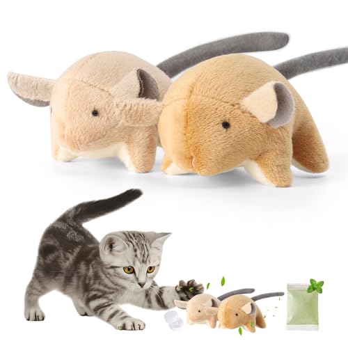 Plush Catnip Mice Toys with Rattle Sound- 2 Pcs Interactive Cat Toys for Indoor Cats, Durable Stress Relief Eco-Friendly Small Mouse Chew Playthings（with Catnip Bag