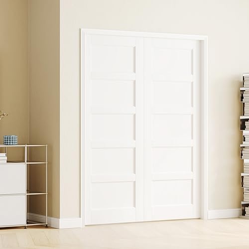 Image of 64 inch x 80 inch French Doors for Interior and Bedroom, 5 Panel Solid Core Wood Pantry & Closet Door, Double Pre-Finished Slab Doors, MDF White Primed (Hinges Not Included)