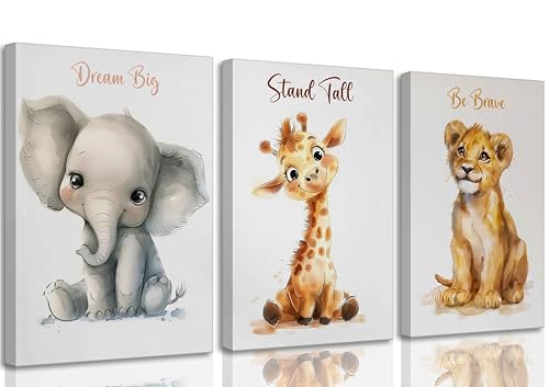 Image of 3 Pcs Safari Nursery Canvas Wall Art Kids Cute Inspirational Animal Lion Giraffe Elephant Painting Picture Wall Decor Poster Print Artwork for Baby Boys and Girls Room Home Decoration