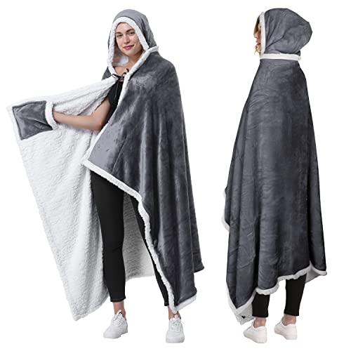 Catalonia Classy Decken-Poncho mit Kapuze | Tragbare Kuscheldecke mit Eingrifftaschen | Bequemer Sherpa-Fleece-Überwurfsumhang für Kinder und Erwachsene
