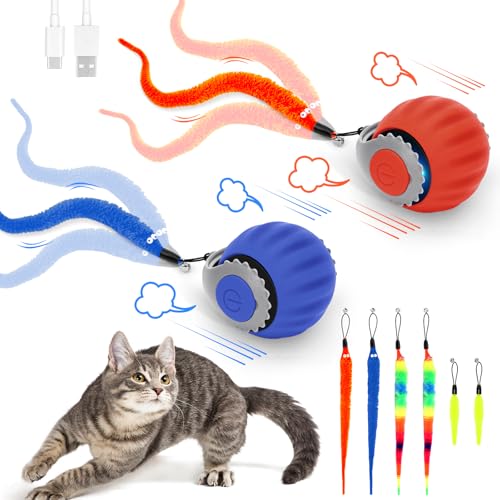 Starnearby 2PCS 2025 Neu Chase Master Pro Katzenspielzeug Interaktives Katzenball Elektrisch Speedy Tail 3.0 Powerball Katze Spielzeug mit 6 Ersatzschwanz (Blau+Orange)